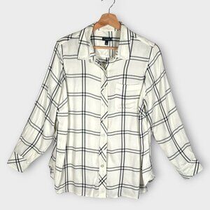 TALBOTS Button Up Blouse XP White Black Rayon Casual to Office